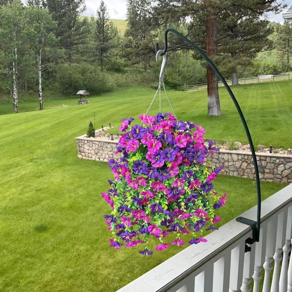 Artificial Hanging Flowers for Outdoors, 2 Pcs Faux Silk Morning Glory with Eucalyptus Leaves, UV Resistant Hanging Vine for Spring Garden Porches Decor