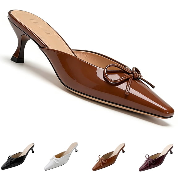 CHICVOMEY Women's Kitten Heel Mules - Pointed Toe Slip-On Dress Shoes with Bow for Wedding Work Evening Mules for Women