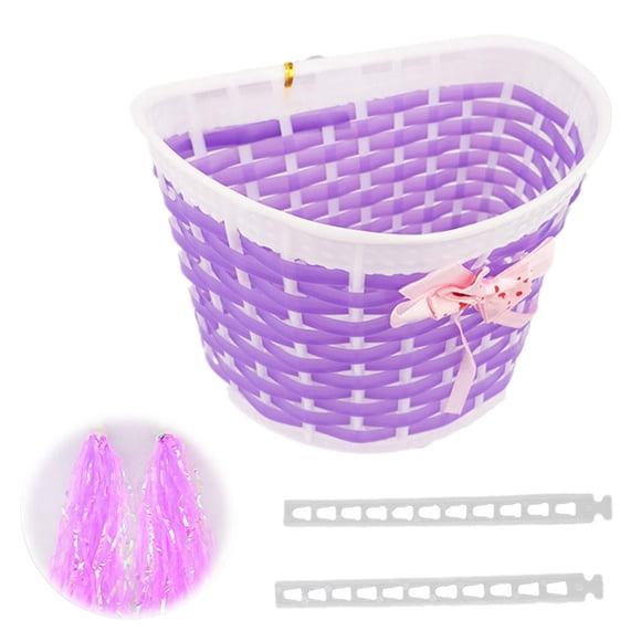 Kids Bicycle Front Basket with Ribbon Universal Plastic Storage Basket for Bikes, Scooters, and Balance Bikes