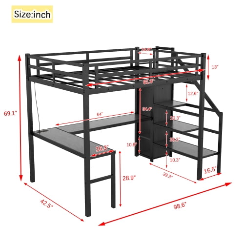 Leumius Metal Gaming Loft Bed with Wardrobe and Adjustable Shelf, Metal, 98.62''L x 42.52''W x 69.13''H, 158.73 LBS, Black