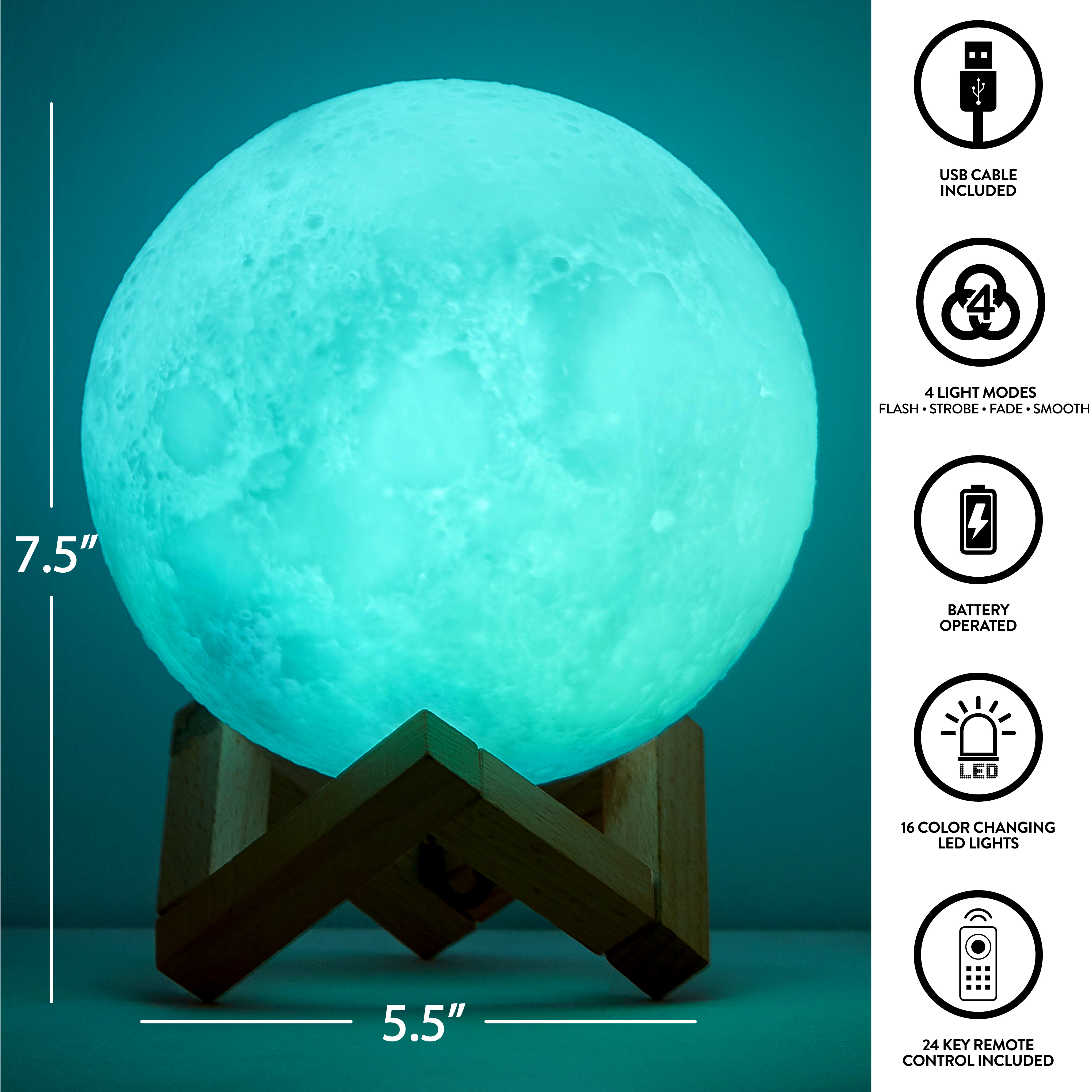 Urban Shop 3D Print Color Changing Moon Lamp with Wood Stand, remote control and USB Adaptor, 7.5'' x 5.5'', White - image 4 of 8