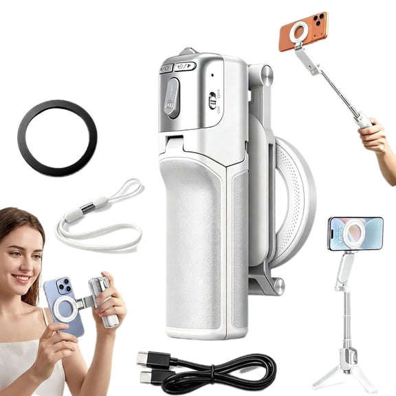 Zoomable Magnetic Palm Grip, Extendable Selfie Stick Tripod with Bluetooth Remote, Aluminum Phone Stand for iPhone Android Travel Vlogging