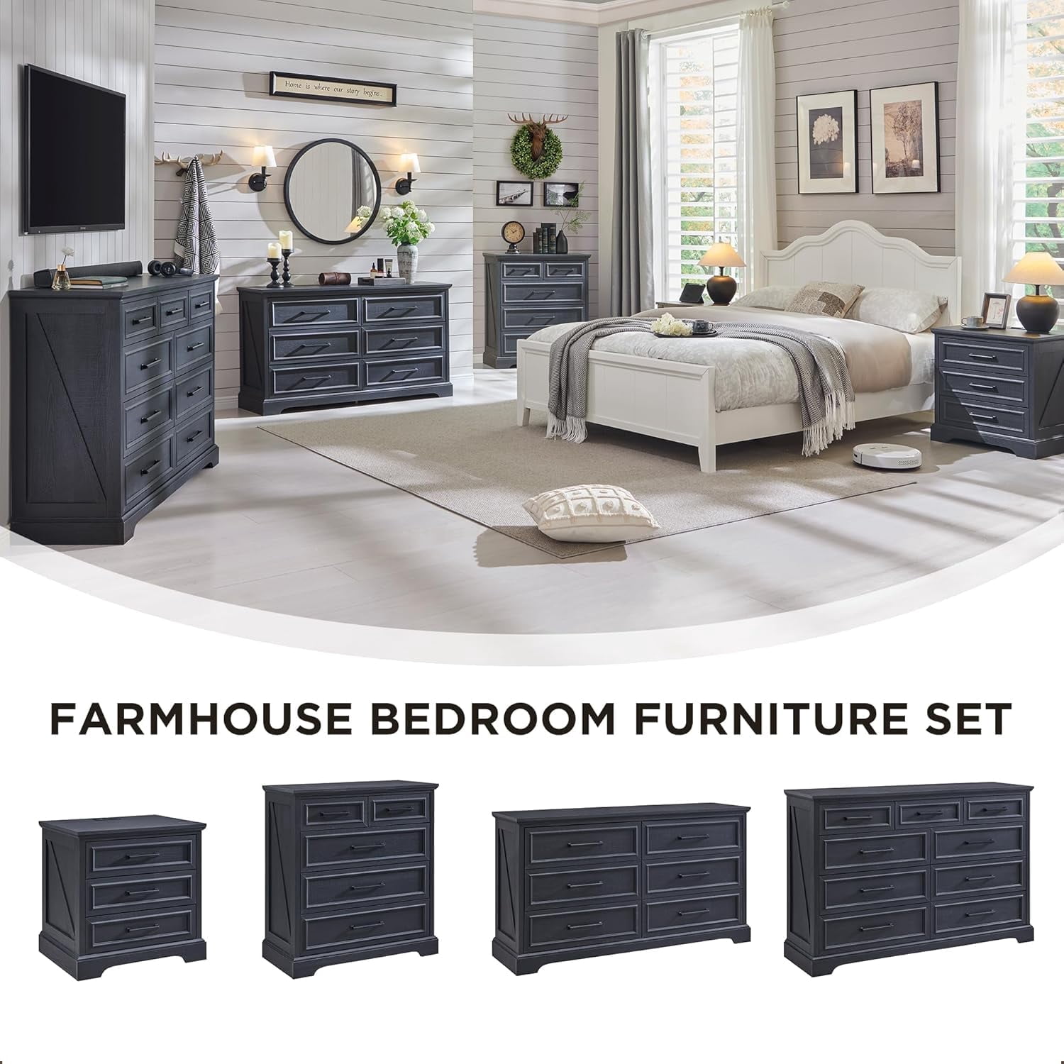 ACCOHOHO 3 Drawer Nightstand Set of 2 with Charging Station - Farmhouse End Tables, Rustic Side Tables for Bedroom & Living Room, Black