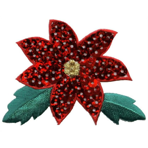 Christmas Sequin Poinsettia - Green/Red - Iron on Applique/Embroidered Patch
