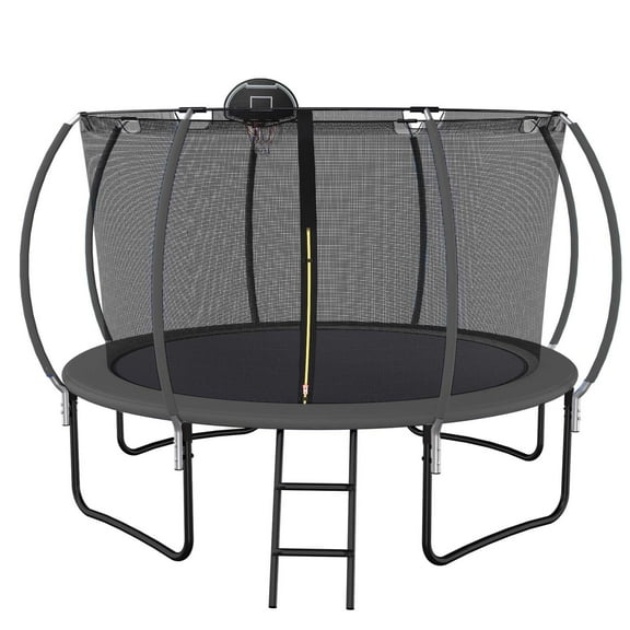 Trampoline For Fitness 12 FT TRAMPOLINE BLACK PUMPKIN-STYLE SAFETY NET WITH BASKETBALL HOOP,Indoor Trampoline