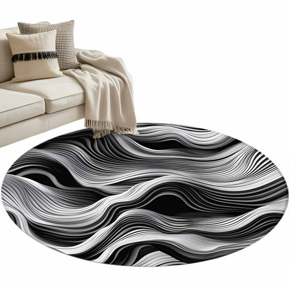 Abstract Area Rug, Modern Black and White Wave Lines Texture Washable Large Circle Carpet, Non Slip Round Rug for Living Room/Bedroom/Dining Room/Home Office/Dorm