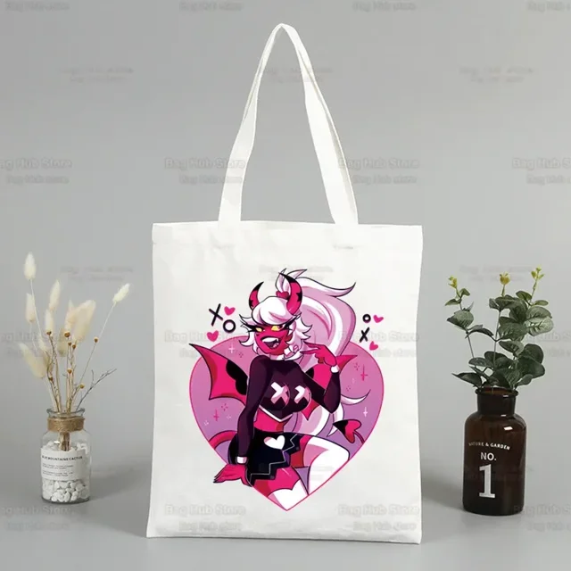 Helluva Boss-Bolso de mano de lona para mujer, bolsa de compras ecológica, bolso de hombro grande, bolso plegable Harajuku, bolso de compras de dibujos animados de comedia