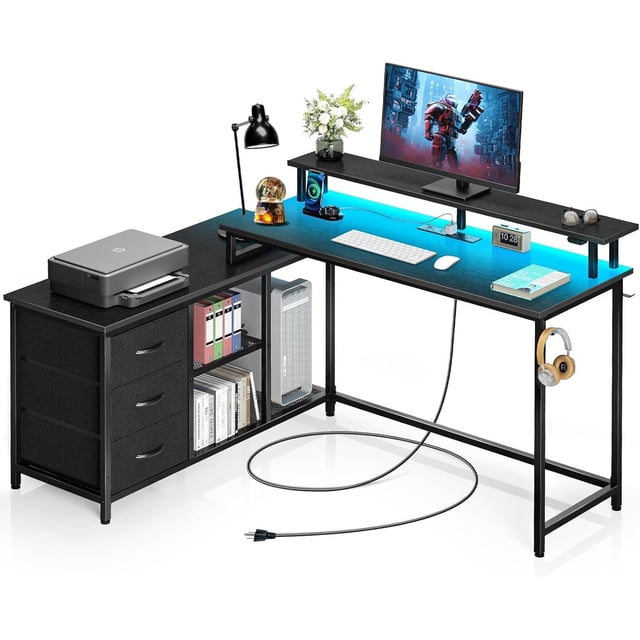 Escritorio de oficina con cajones y luz LED, escritorio para juegos de computadora, escritorio de oficina con almacenamiento para 2 monitores, soporte de descanso para monitor de oficina en casa