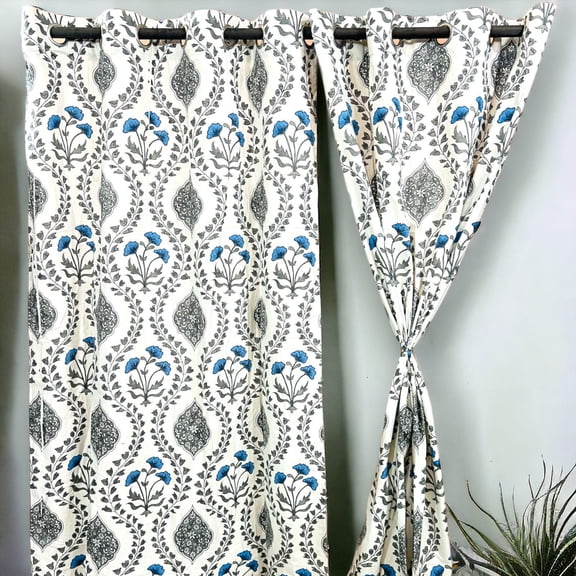 Thick Cotton Multicolor Curtains – Indian Block Printed – Ready to Hang(Gray)
