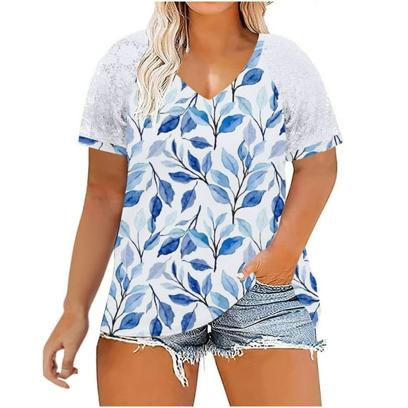 fartey Plus Size Shirts for Women Casual Floral Print Summer Vacation Top Loose Comfy V Neck Lace Short Sleeve Tshirt, XL-5XL