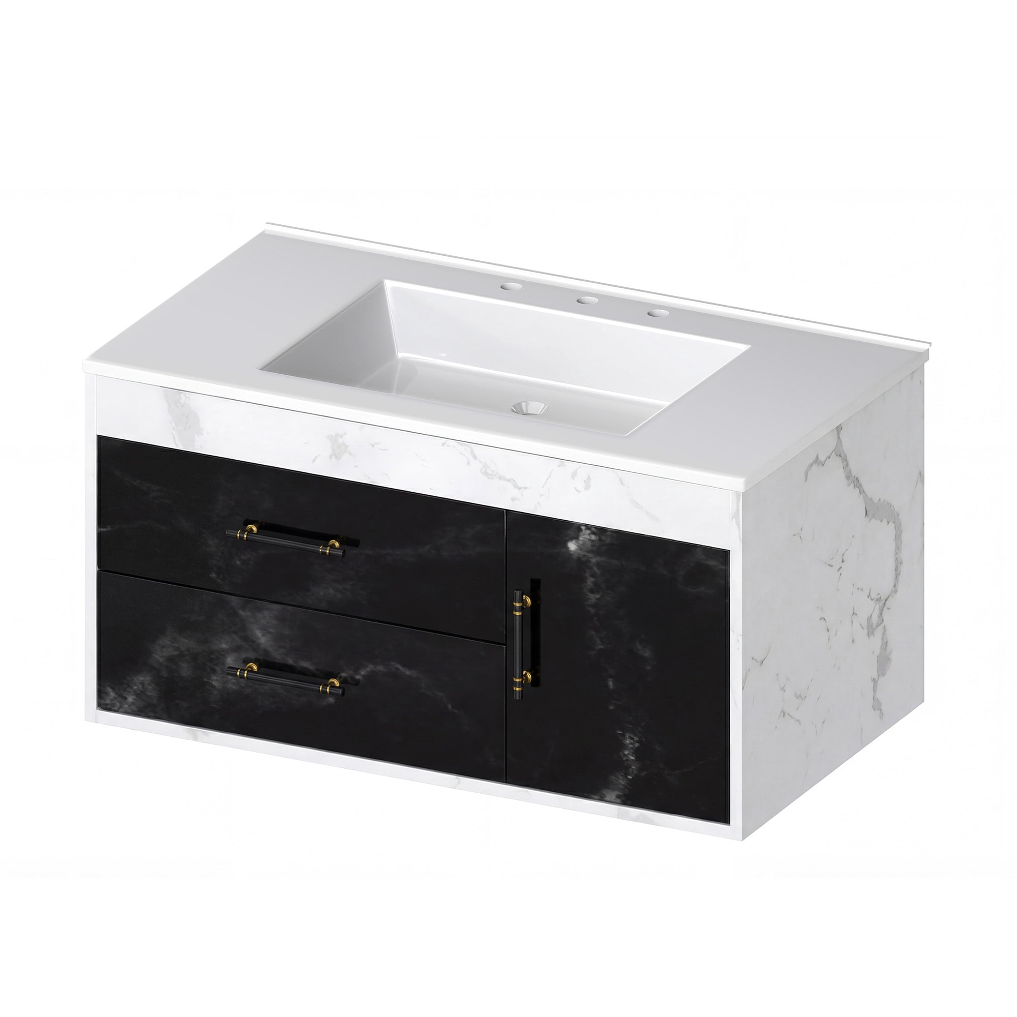 Uforic 37 Inch Floating Bathroom Vanity with Sink, Wall Mounted Bathroom Vanity Cabinet with 2 Drawers & Pre-drilled Three Holes, Modern Black-White Color Block with Marble Texture