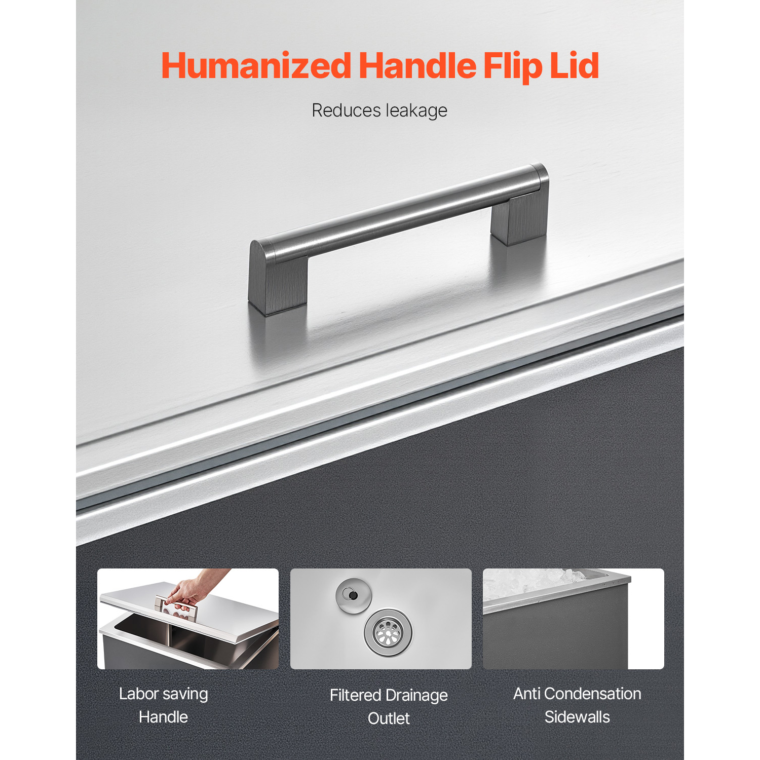 KFFKFF Hielera empotrable de 20"L x 16"W x 13"H, 44.7 cuartos, acero inoxidable 304 con tapa con bisagras, gran capacidad para exteriores, bar de hielo con desagüe para vino y cerveza fríos 8