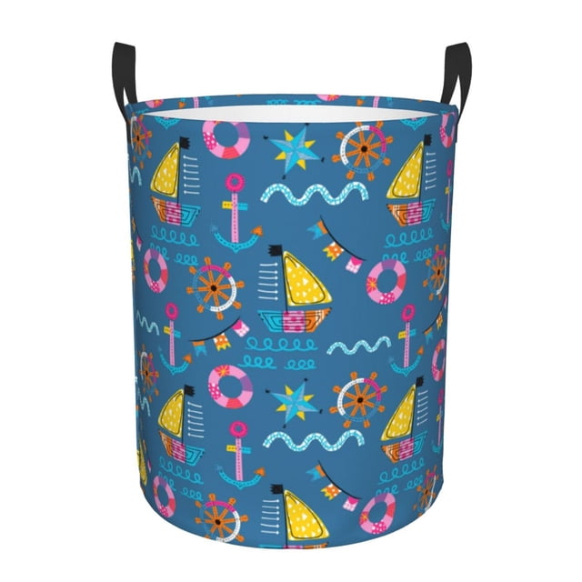 Balery Sailboat With Sailing Cesta de ropa redonda con asas, impermeable, independiente, para ropa, juguetes, dormitorio y familia-Medium