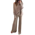 thumbnail image 2 of Women 2 Piece Outfits One Shoulder Knit Sweater Pullovers Wide Leg Pants Sets Sweatsuit Tracksuit Khaki S, 2 of 9