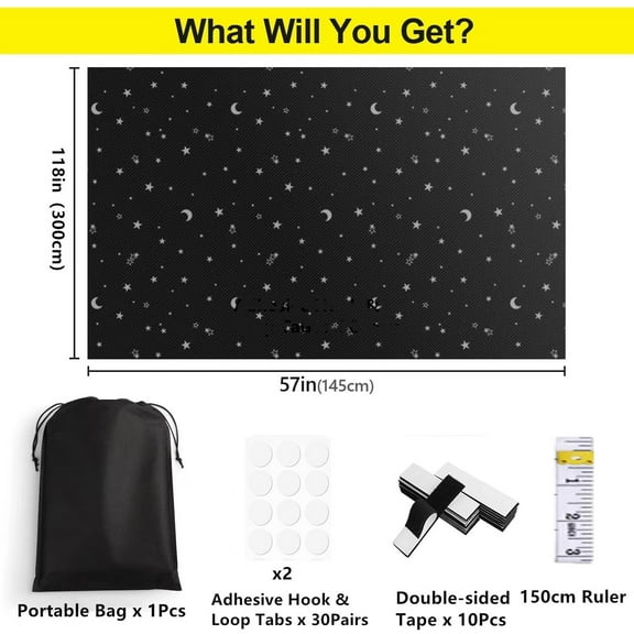 Fully blackout curtains, portable and customizable with star and moon print sunshade curtains118" X 57"(including fabric bag Velcro adhesive ruler)