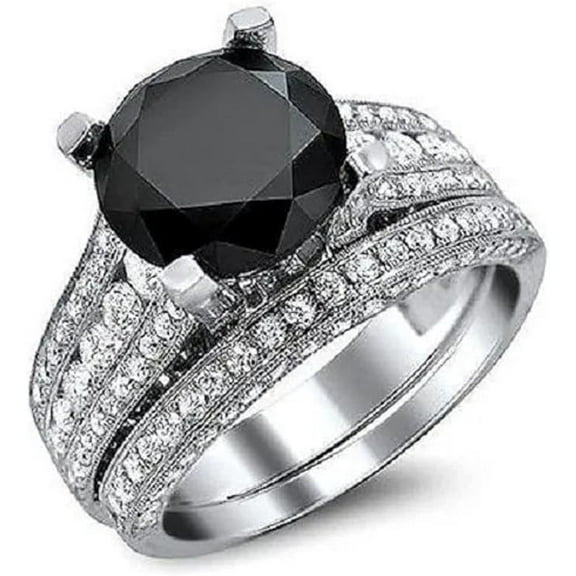beryl_creation Women's 925 Sterling Silver 1.35 Ct Round Cut Black Diamond Wedding Engagement Bridal Ring Set 14K White Gold Plated -6