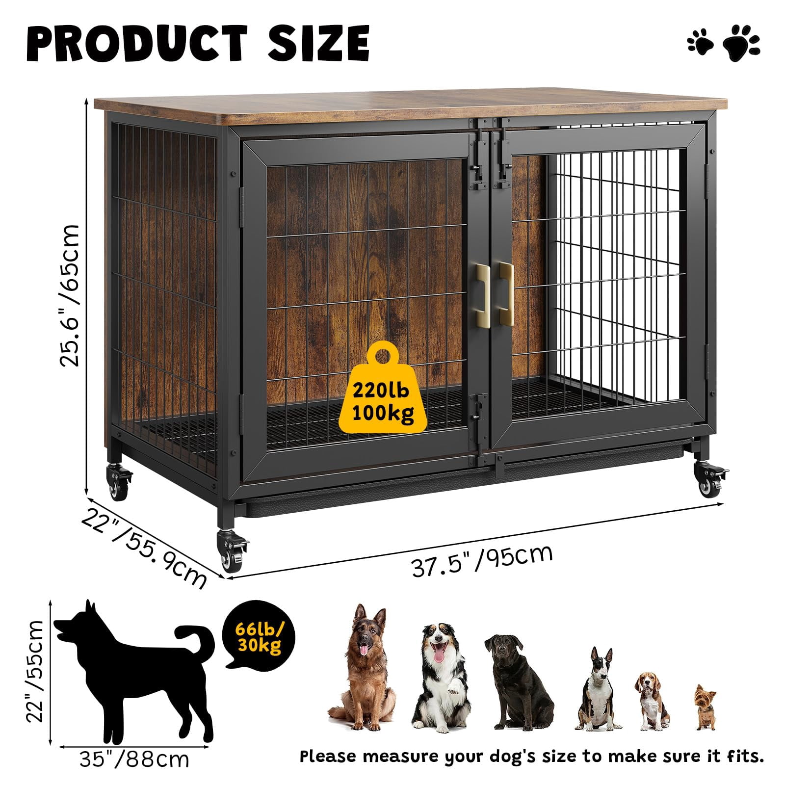 Juiluna 37.5 Inch Dog Kennel Furniture, Heavy Duty Dog Crate Furniture with Wheels, Grid Base, Removable Tray, Latches, Indoor Farmhouse Dog Cage for Medium and Small Dogs, Brown