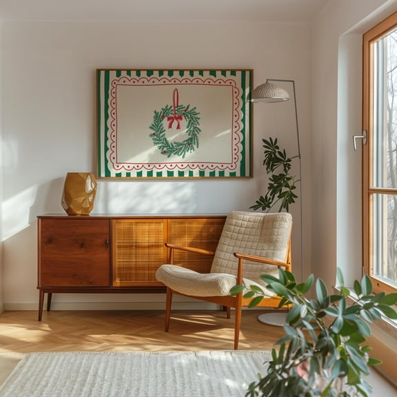 Vintage Christmas Wall Art Whimsical Christmas Wreath Print Trendy Holiday Wall Art Cute Christmas Art Print, 16x24 UNFRAMED