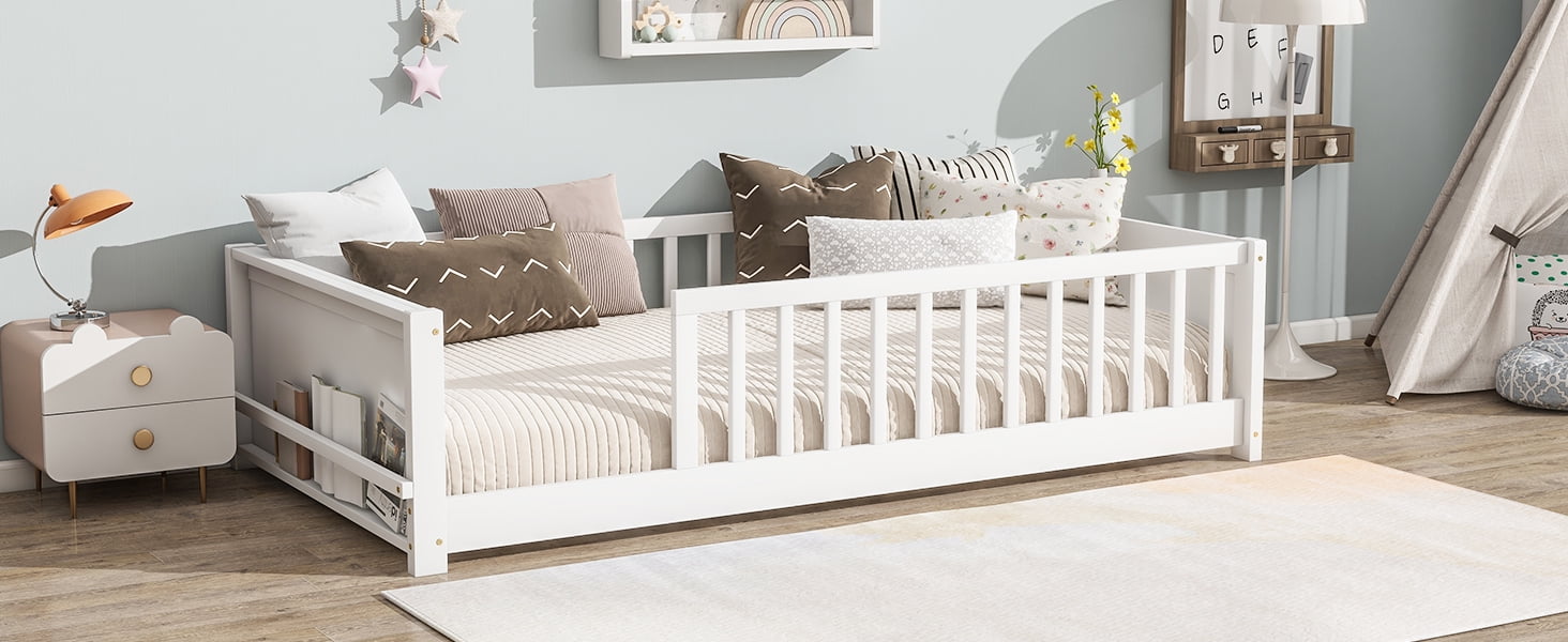 Yoneston Kids Twin Size Floor Platform Bed Frame with Built-in Book Rack Storage & Guardrails for Toddlers Teens Boys Girls Bedroom Furniture, White