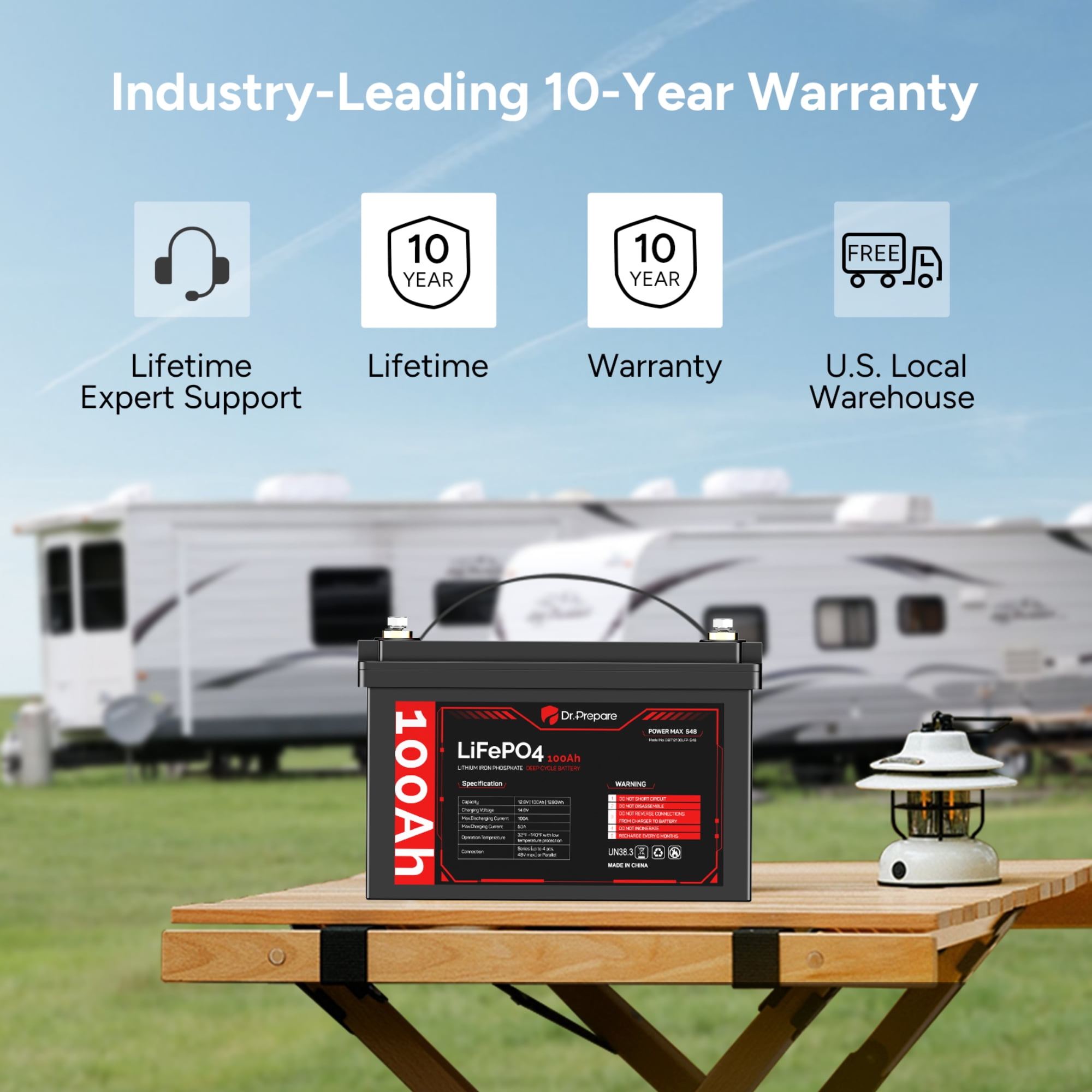 DR.PREPARE 100Ah LiFePO4 Lithium Deep Cycle Battery with LED Screen - Connect In Series for RVs, Boats,Black[10-year Warranty]