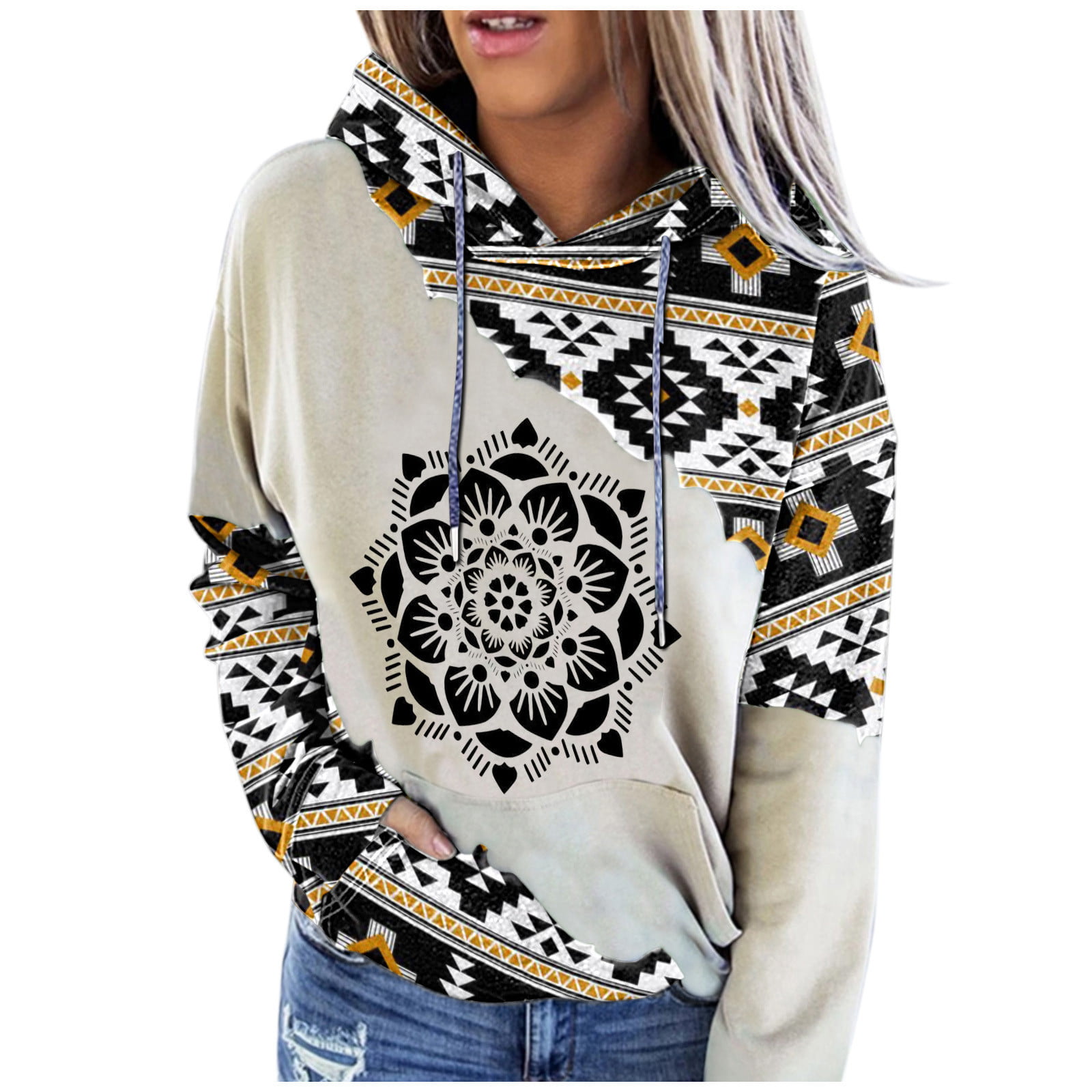 S-Fly Mens Long Sleeve Pullover Casual Loose Ethnic Print Hooded Sweatshirt