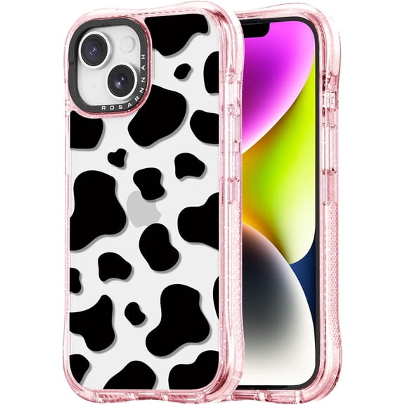 for iPhone 13 / iPhone 14 Case Cute - Military-Grade 20 ft Drop Protection Shockproof Phone Case - Funny Milk Cow Print Design (6.1") Glitter Pink