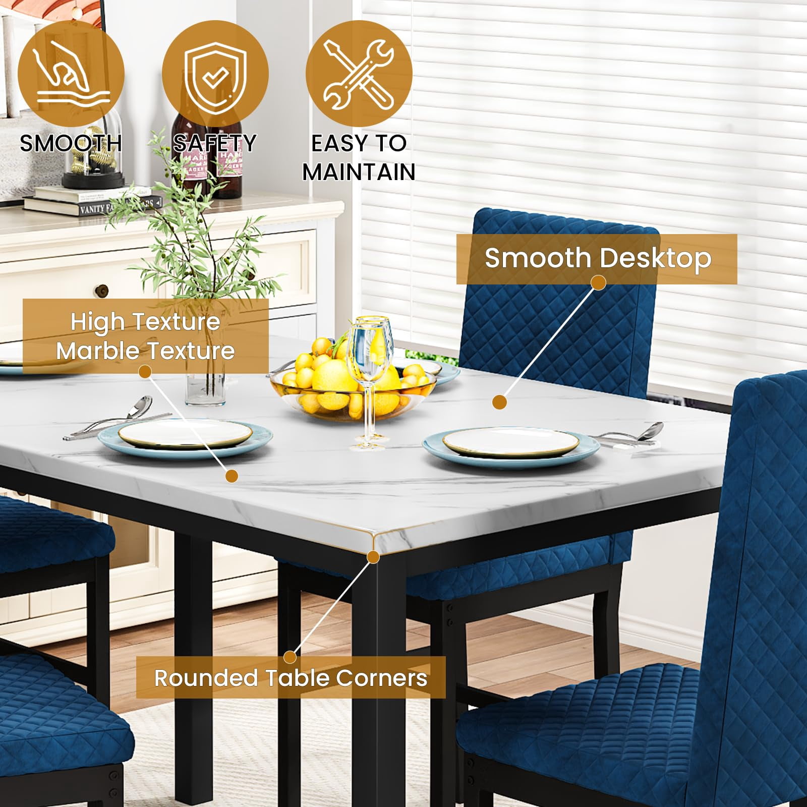 Lamerge Dining Table Set for 4, Kitchen Table and Chairs Set of 4, Faux Marble Dining Room Table Set with 4 Upholstered Velvet Chairs for Home Kitchen, White & Blue