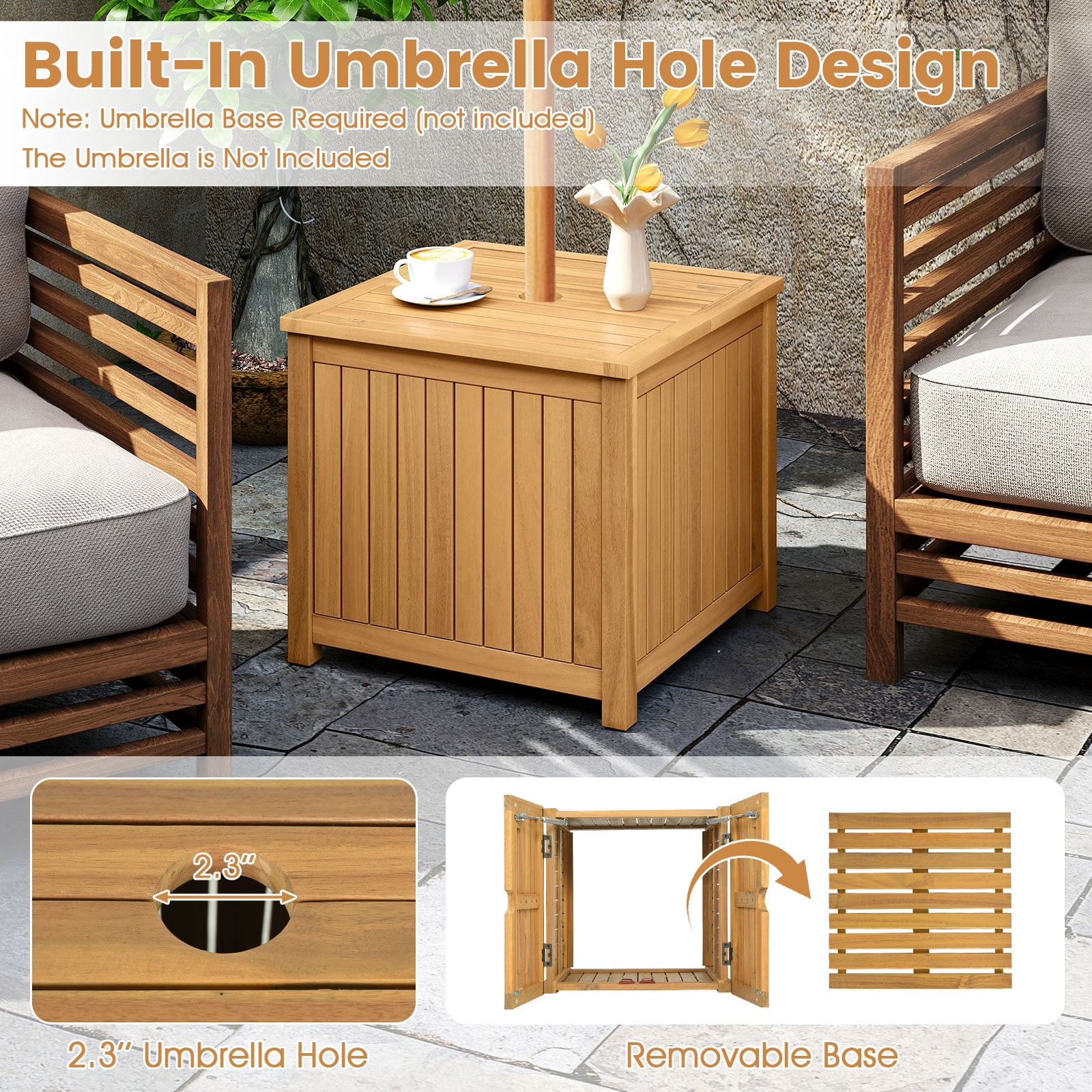 Gymax 2-in-1 Outdoor Side Table w/Storage Umbrella Hole & Removable Base for Backyard
