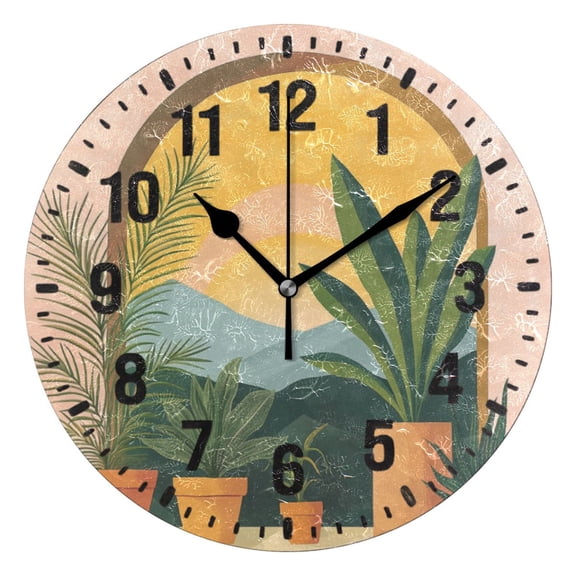 Yayeee 10" Wall Clock Battery Operated Quartz Round Silent Non-Ticking Home Decor, Boho Plants
