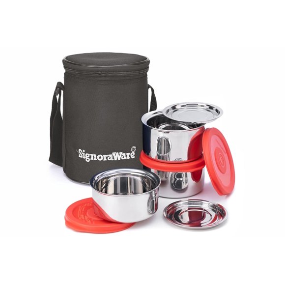 Executive Twin Wall Stainless Steel Small Lunch Box With Insulated Bag - Red | 3 Containers With Lid, 350ml+ 2 X260ml - Airtight, Leak Proof Container, Freezer Safe