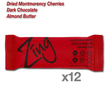 Zing Vital Energy Nutrition Bar, Dark Chocolate Cherry Almond, High Protein, High Fiber, Low Sugar, Real Dark Chocolate, Tart Montmorency Cherries, Vegan, 12