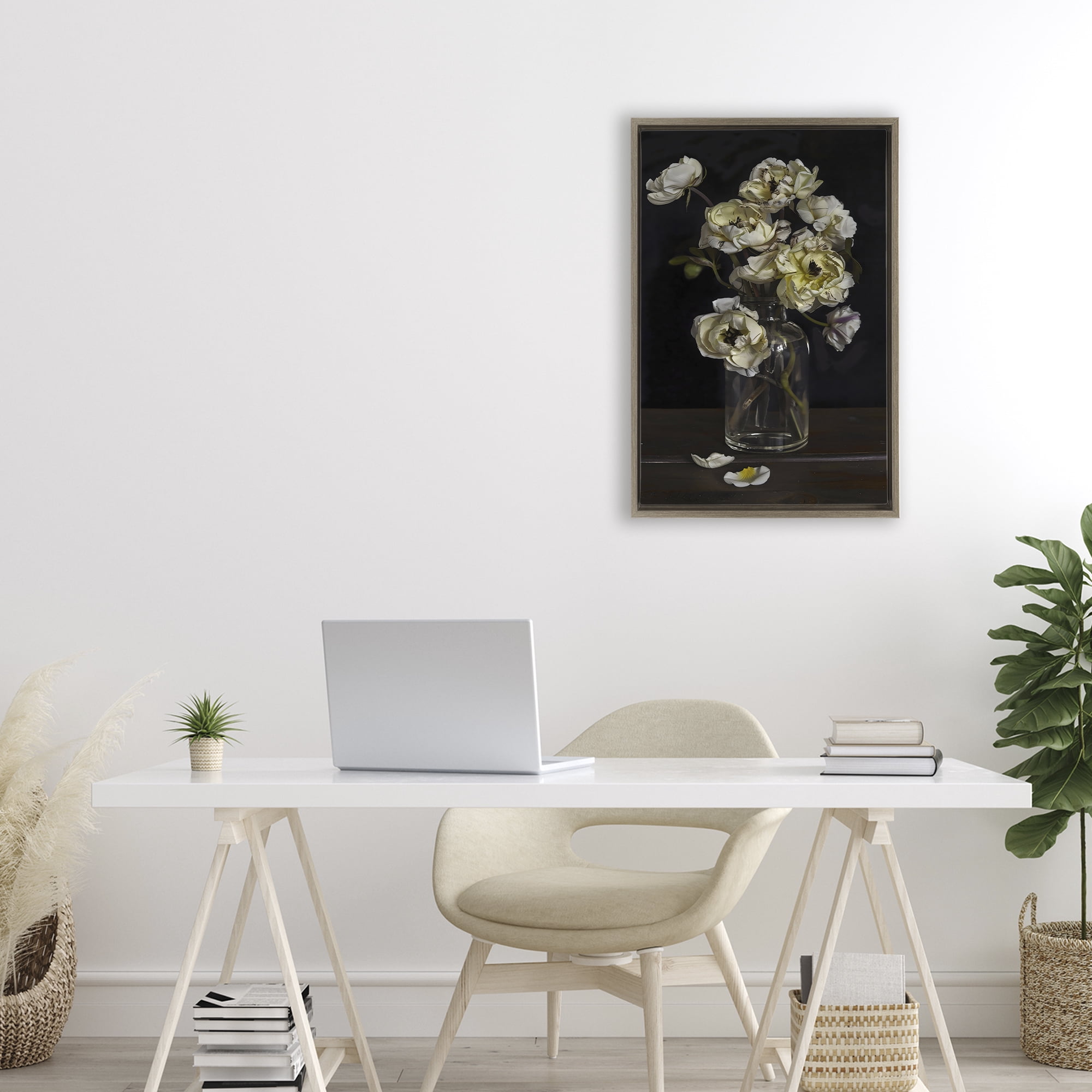 Stupell Industries Elegant Arrangement of Cream Blossoms Brown Framed Floater Canvas Wall Art, design by Creative Studio