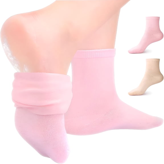 TELOLY Moisturizing Socks 2 Pairs Ankle Above Silicone Socks for Dry Cracked Feet One Size Pink and Beige- Self Care Gifts for Women