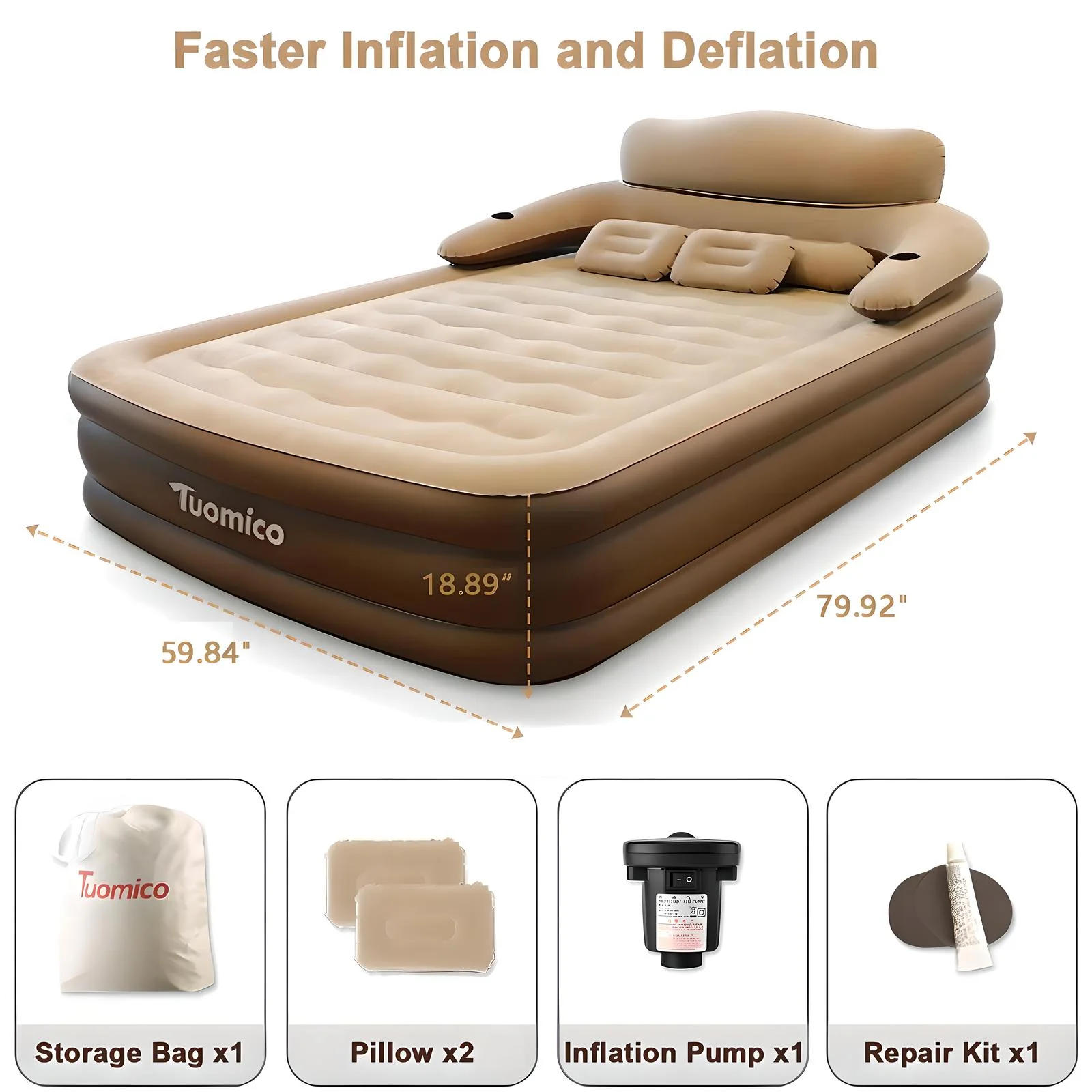 StarZe Air Mattress Queen with Built in Pump and Headboard，Inflatable Portable Mattress for Home, Camping & Guests,Brown.