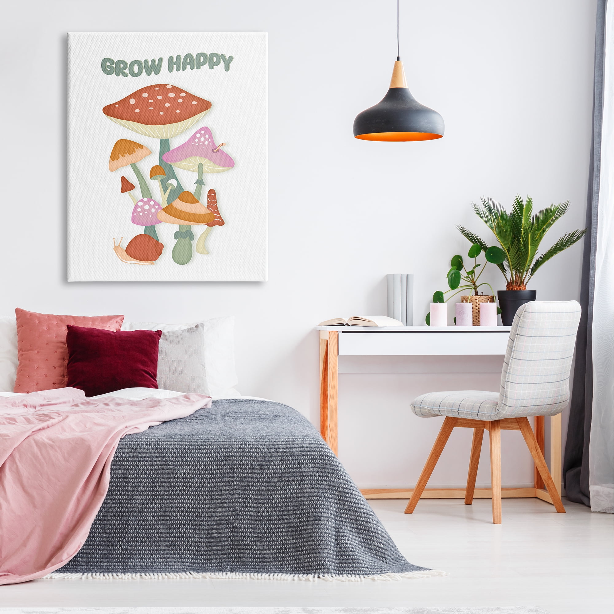 Stupell Industries Grow Happy Retro Mushrooms Botanical & Floral Painting Gallery Wrapped Canvas Art Print Wall Art, 36 x 48