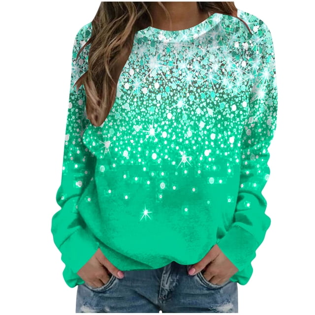 Bowake Sweat à Manches Longues à Sequins pour Femmes Col Rond Décontracté Hauts Pailletés pour Sortir Blouses de Fête
