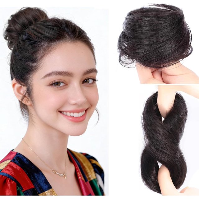 Yanonmyfd Straight Human Hair Bun Hairpiece for Women with Thin Hairs,Wavy Ponytail Topper Hairpiece with Elastic Band for Instant Thick Updo Small Messy Bun Hairpieces Natural Black 1PCS