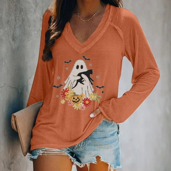 SNOWSONG Sweatshirts for Women, Women's Fall Winter Halloween Ghost Print Long Sleeved Tops, Halloween Sweatshirts, Oversized Sweatshirt, Halloween Sweaters Brown L