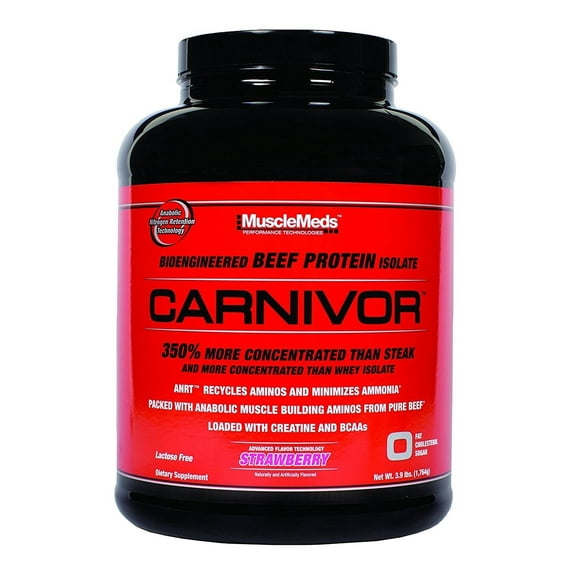 MuscleMeds Carnivor Beef Protein Isolate, Strawberry, Zero Lactose/Sugar/Fat, Halal, 3.9 lbs, 56 Servings