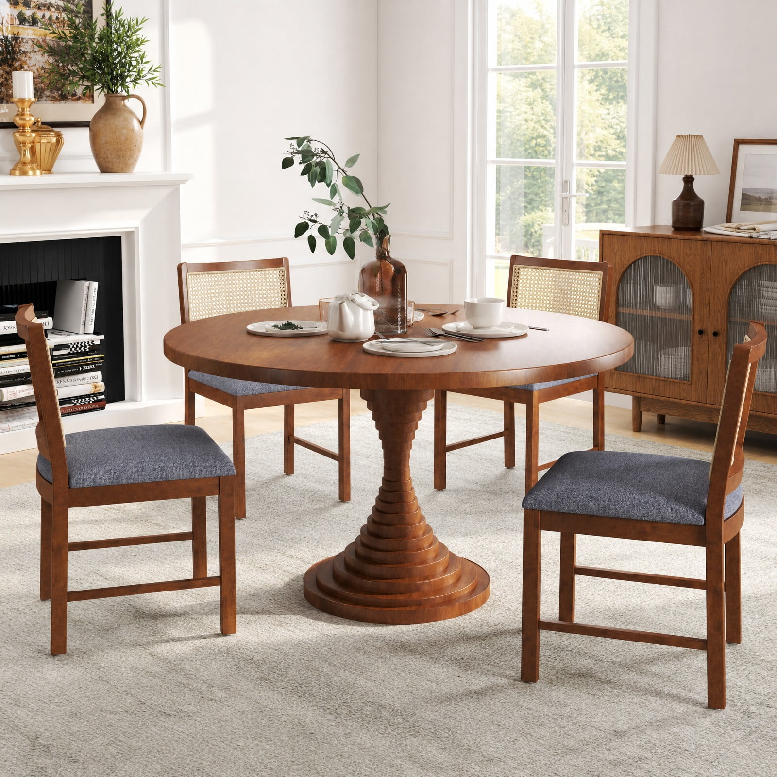 Furnibear Rattan Dining Chairs Set of 2 with Rubber Wood Frame and Linen Fabric Padded Seat for Kitchen and Dining Room, Walnut