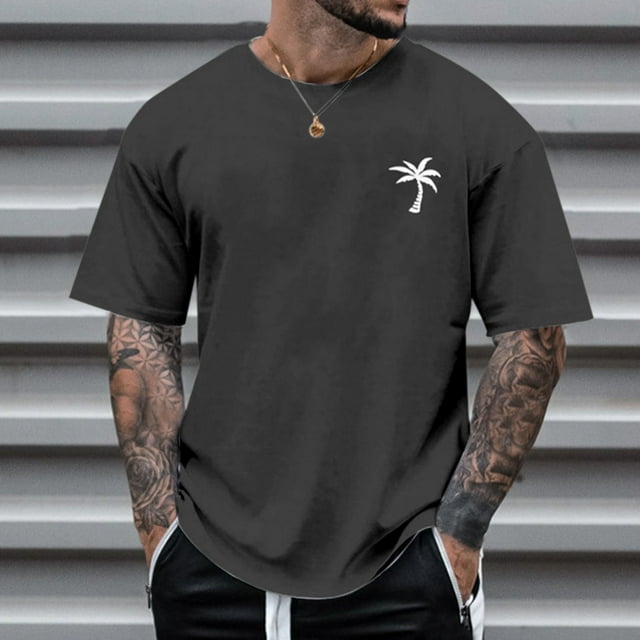 T-shirt d'Été pour Hommes à Manches Courtes Col Rond avec Imprimé Unique de Petit Arbre, Décontracté pour Activités Extérieures et Détente