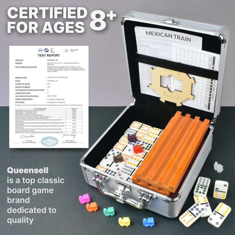Queensell Mexican Train Dominoes Set Double 12 – 91 Tiles with 8