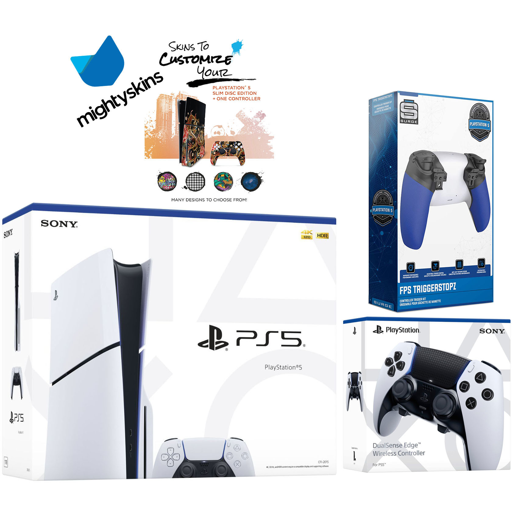 Sony PlayStation 5 Slim Disc with Extra EDGE Controller, Trigger Stop Kit and MightySkins Decal Voucher