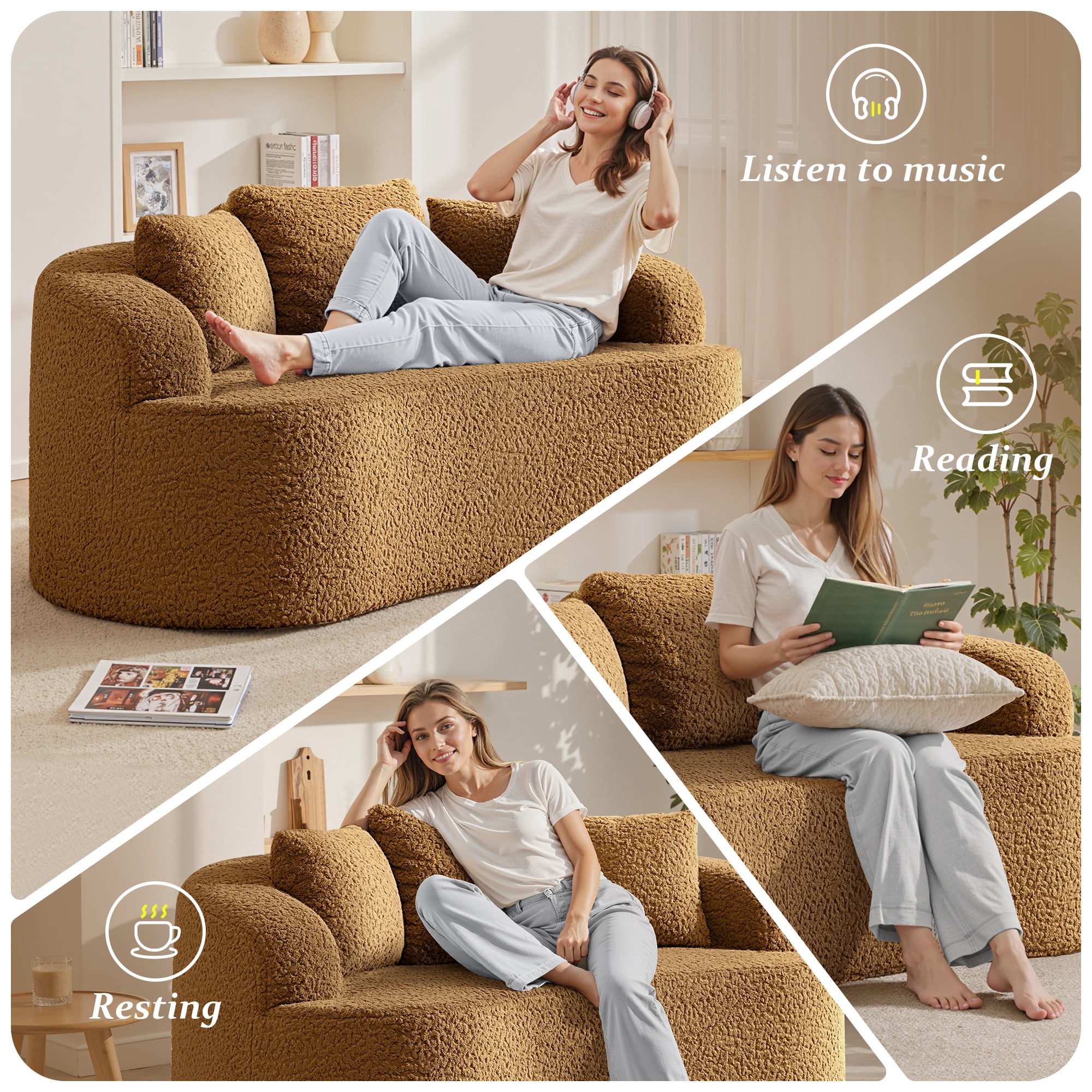 COOLHUT 65" 3 Seater Sofa Couch, Plush Floor Sofa Couch with Cozy Cushions & 3 Pillows, Curved Back Teddy Fabric Sofa for Living Room, Small Space, Brown (Sofa-in-a-Box)