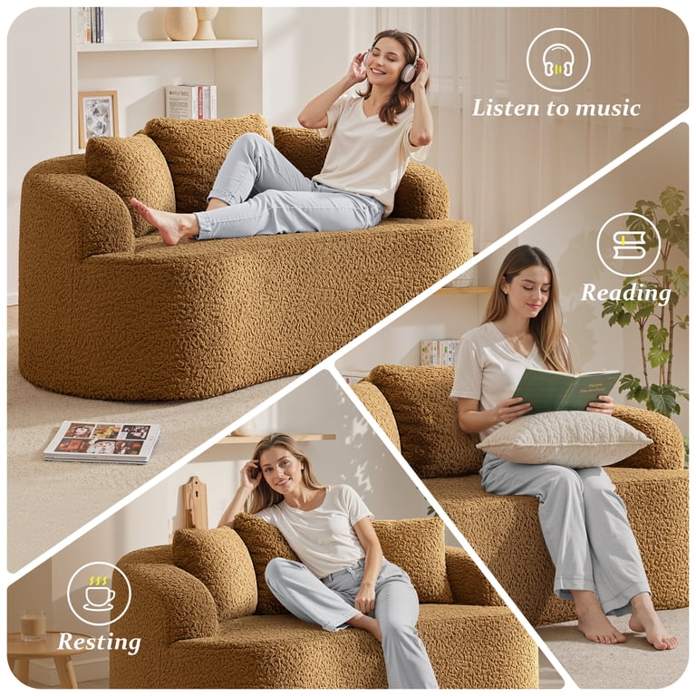 COOLHUT 65 3 Seater Sofa Couch, Plush Floor Sofa Couch with Cozy Cushions 3 Pillows, Curved Back Teddy Fabric Sofa for Living Room, Small Space, Brown Sofa-in-a-Box - com