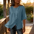 thumbnail image 4 of Mifsaly Vacation Tops for Women Button Down Short Sleeve Linen Shirts with Drawstring Hem Lightweight Flowy Loose Fit Textured Summer Boho Clothes Navy,L, 4 of 7
