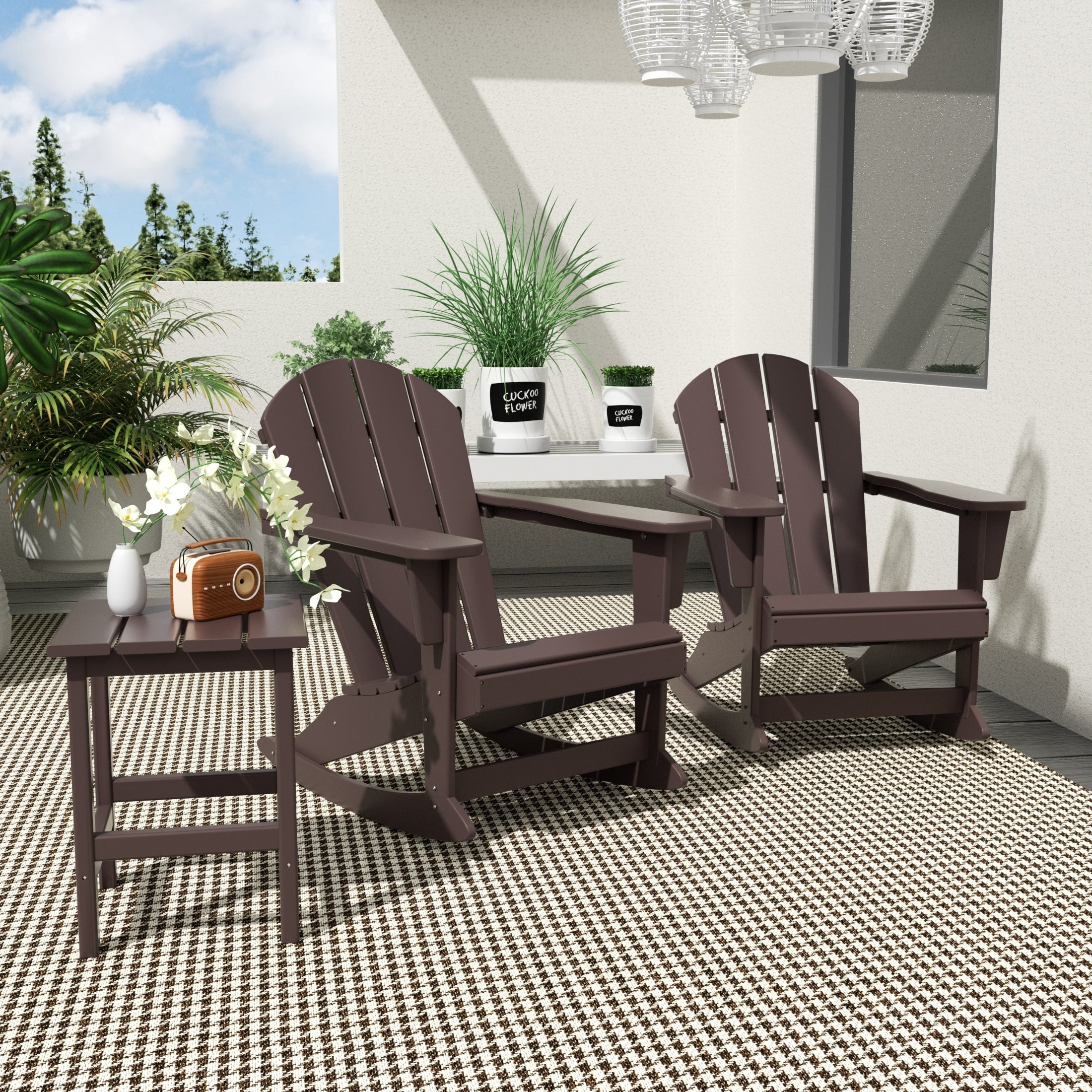 Polytrends  Laguna Hdpe All Weather Outdoor Patio Rocking Chairs With Side Table (3-Piece Set) Dark Brown