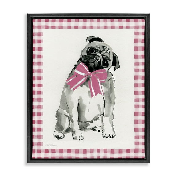 Stupell Industries Pug with Plaid Border Animals Painting Black Floater Framed Canvas Art Print Wall Art, 17 x 21