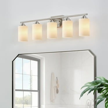 KAWOTI 35 in. 5-Light Brushed Nickel Vanity Light with Frosted Glass Shade