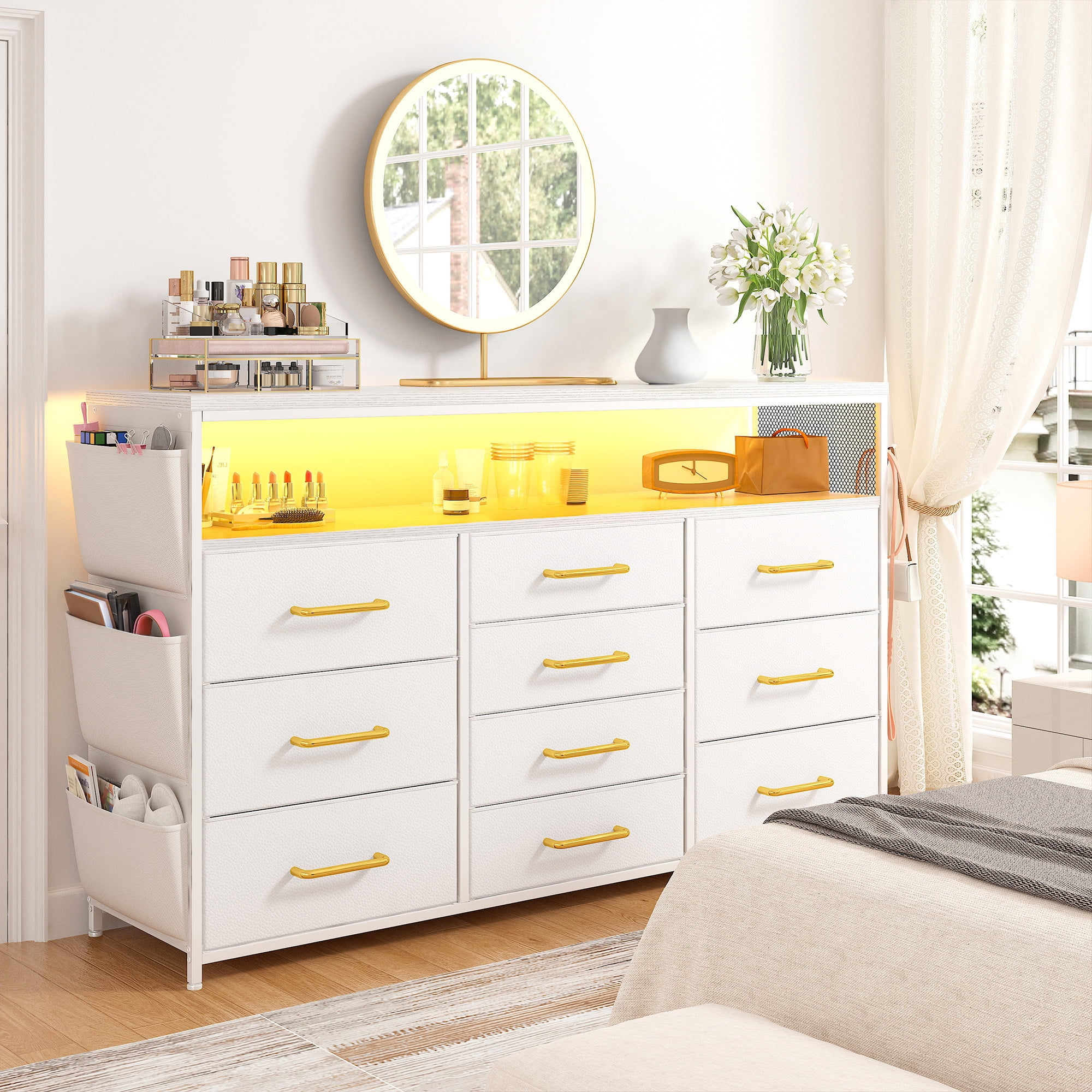 EnHomee White Dresser TV Stand with Power Outlets &LED Lights&Entertainment Center Wide Dresser for Bedroom with 10 Drawers Side Pockets & Hook Fabric Chest of Drawers